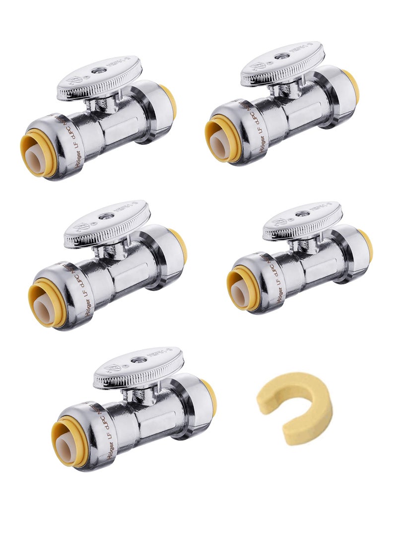 EFIELD (Pack of 5) EFIELD Push Fit 1/4 Turn Straight Stop Valve Water Shut Off 1/2 Inch Push x 1/2 Inch Push, Chrome with a Disconnect Clip,(PF-VALVE035-5PCS) - Image 1